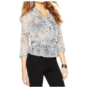 Guess Sheer Snakeskin Print Faux Wrap Blouse with Peplum Covered Buttons Ruffle